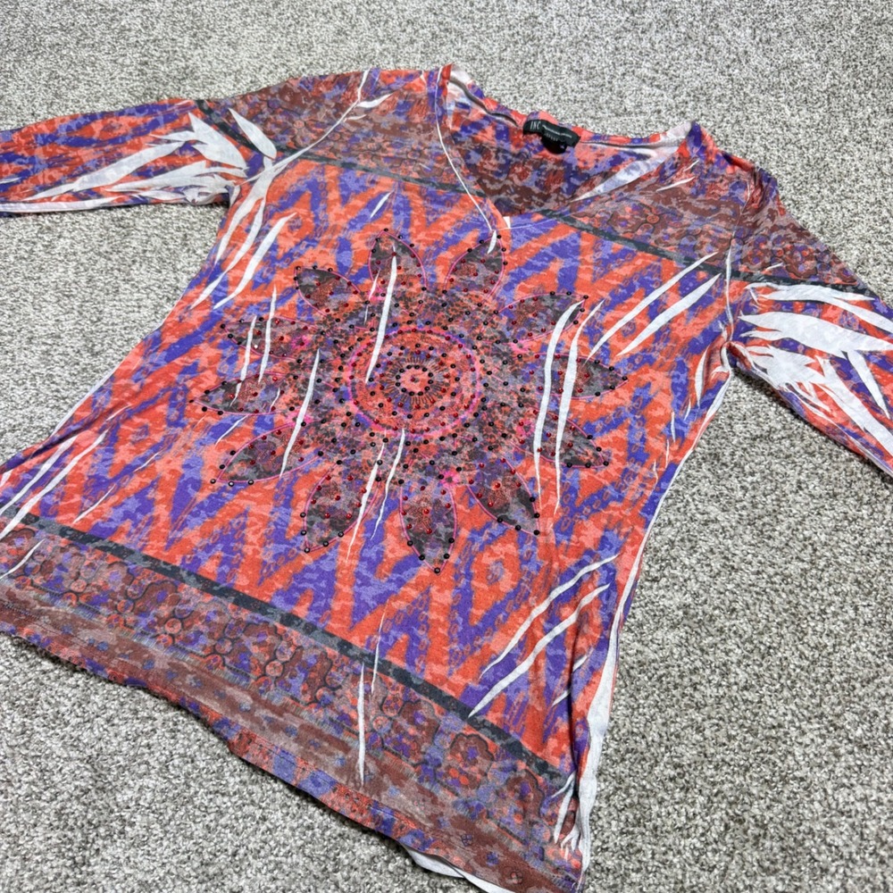 I.N.C Women L Embellished Long Sleeve V Neck Shirt Geometric Boho Rhinestone Y2K